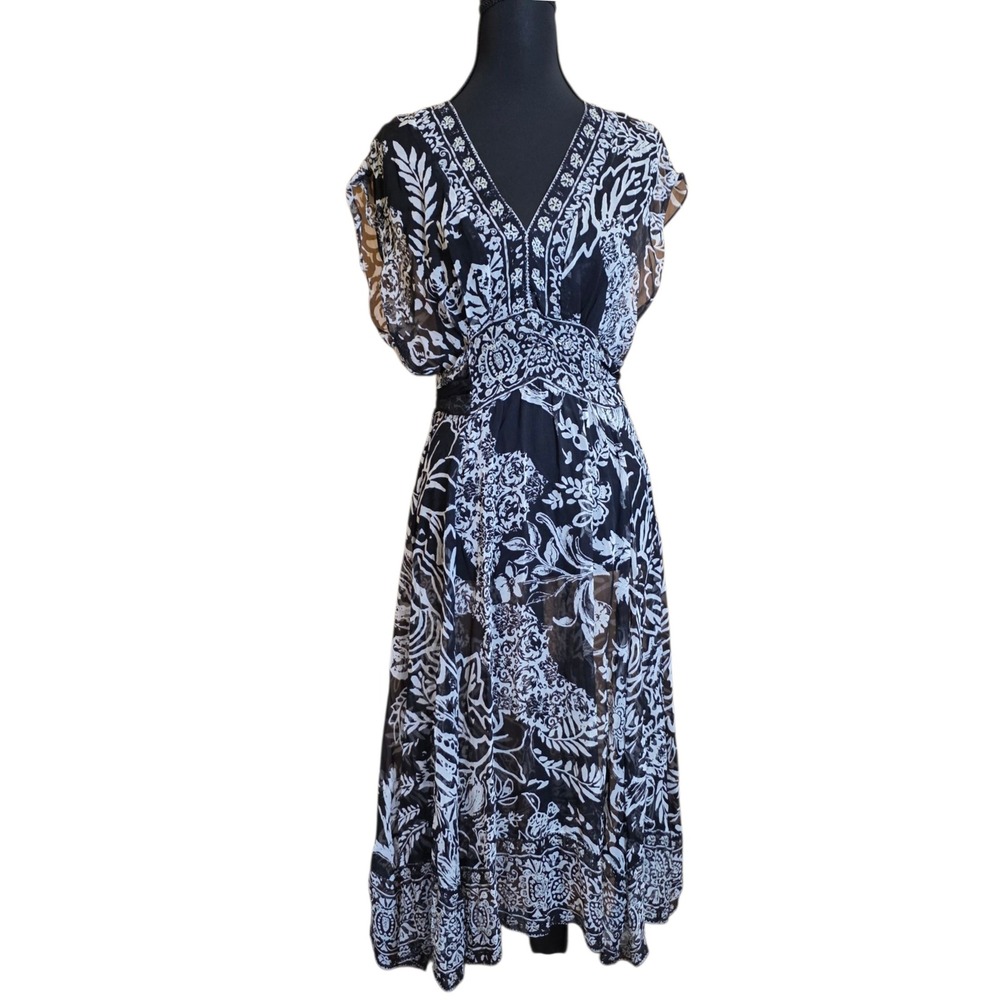 VTG Mixit Floral‎ Print Midi Dress Black White Silk Lined Sheer w/ Slip Y2K Sz 6